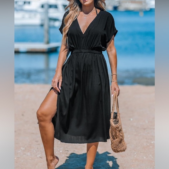 ~Women's Cover Up V Neck Midi Dress Short Sleeves XS~ - Picture 5 of 6